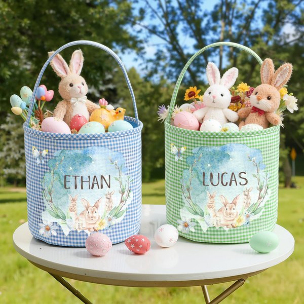 Personalised Cute Flower Rabbit Butterfly Plaid Easter Basket with Name Easter Eggs Hunting Party Favor Gift for Boys Girls