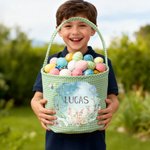 Personalizado lindo flor conejo mariposa Plaid cesta de Pascua con el nombre de Pascua Huevos de Caza Fiesta de Regalo para Niños Niñas