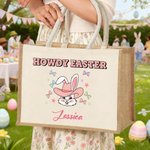 Personalized HOWDY EASTER Bunny Bow Large Capacity Jute Tote Bag with Name Egg Hunting Accessories Easter Gift for Kids