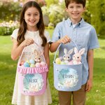 Personalizado lindo flor conejo mariposa Plaid cesta de Pascua con el nombre de Pascua Huevos de Caza Fiesta de Regalo para Niños Niñas