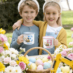 Personalized Cute Excavator Bunny Ears Easter Eggs 12 oz Enamel Mug with Name and Initial Daily Use Easter Party Gift for Boys Girls