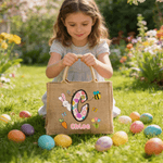 Personalized Easter Egg Initial Cute Bunny Jute Tote Bag with Name Easter Egg Hunting Easter Party Favors Gift for Kids