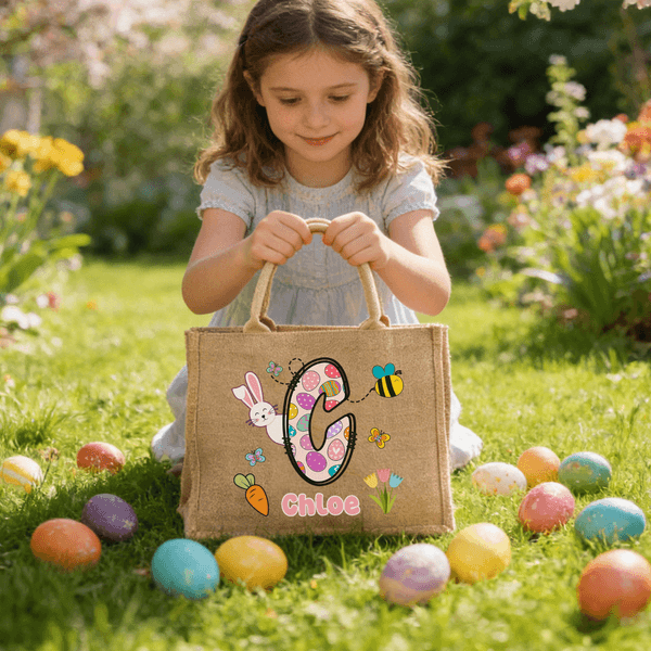 Personalized Easter Egg Initial Cute Bunny Jute Tote Bag with Name Easter Egg Hunting Easter Party Favors Gift for Kids
