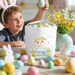 Personalized Wreath Bunny Highland Cow Animal Egg Canvas Basket with Name Daily Use Happy Easter Gift for Boys Girls
