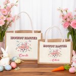 Personalized HOWDY EASTER Bunny Bow Large Capacity Jute Tote Bag with Name Egg Hunting Accessories Easter Gift for Kids