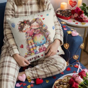 Personalized Cute Cartoon Couple Multicolour Throw Pillow Cover with Name Home Decor Valentine's Day Anniversary Gift for Couples