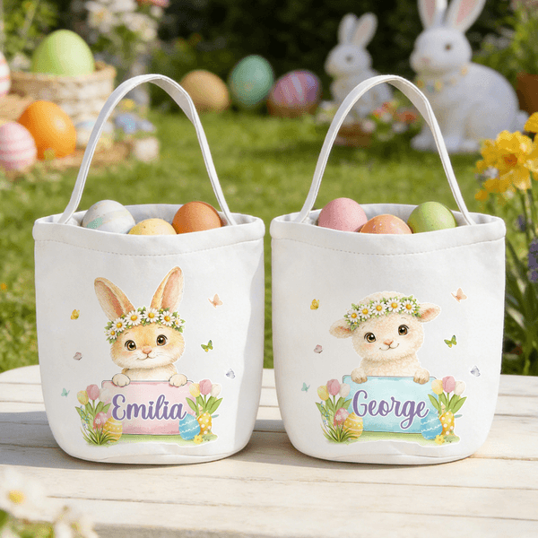 Personalized Wreath Bunny Highland Cow Animal Egg Canvas Basket with Name Daily Use Happy Easter Gift for Boys Girls