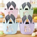 Personalized Cute Peter Rabbit Flower Butterfly Initial Bunny Ears Striped Easter Basket with Name Easter Eggs Hunting Party Favor Gift for Kids