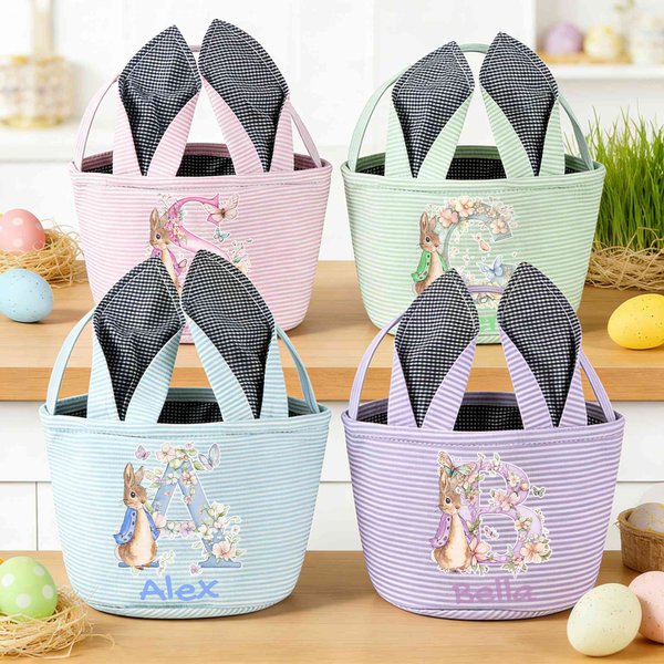 Personalized Cute Peter Rabbit Flower Butterfly Initial Bunny Ears Striped Easter Basket with Name Easter Eggs Hunting Party Favor Gift for Kids