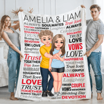 Personalized Hugging Cartoon Character Word Cloud Soft Throw Blanket with Couple Name Home Decor Birthday Valentine's Day Gift for Couple