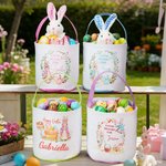 Personalized Wreath Cute Peter Rabbit Easter Basket with Name and Polka Dot Lining Eggs Hunting Party Easter Gift for Kids