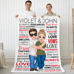 Personalized Hugging Cartoon Character Word Cloud Soft Throw Blanket with Couple Name Home Decor Birthday Valentine's Day Gift for Couple