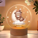 Henkilökohtainen Moon Stars Söpö Sleeping Animals LED yövalo nimi päivämäärä ja puinen pohja Nursery sisustus syntymäpäivä Baby Shower lahja Kidille