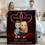 Couverture douce double cœur personnalisée avec personnages de dessin animé noms et année - Cadeau Saint-Valentin anniversaire pour couple
