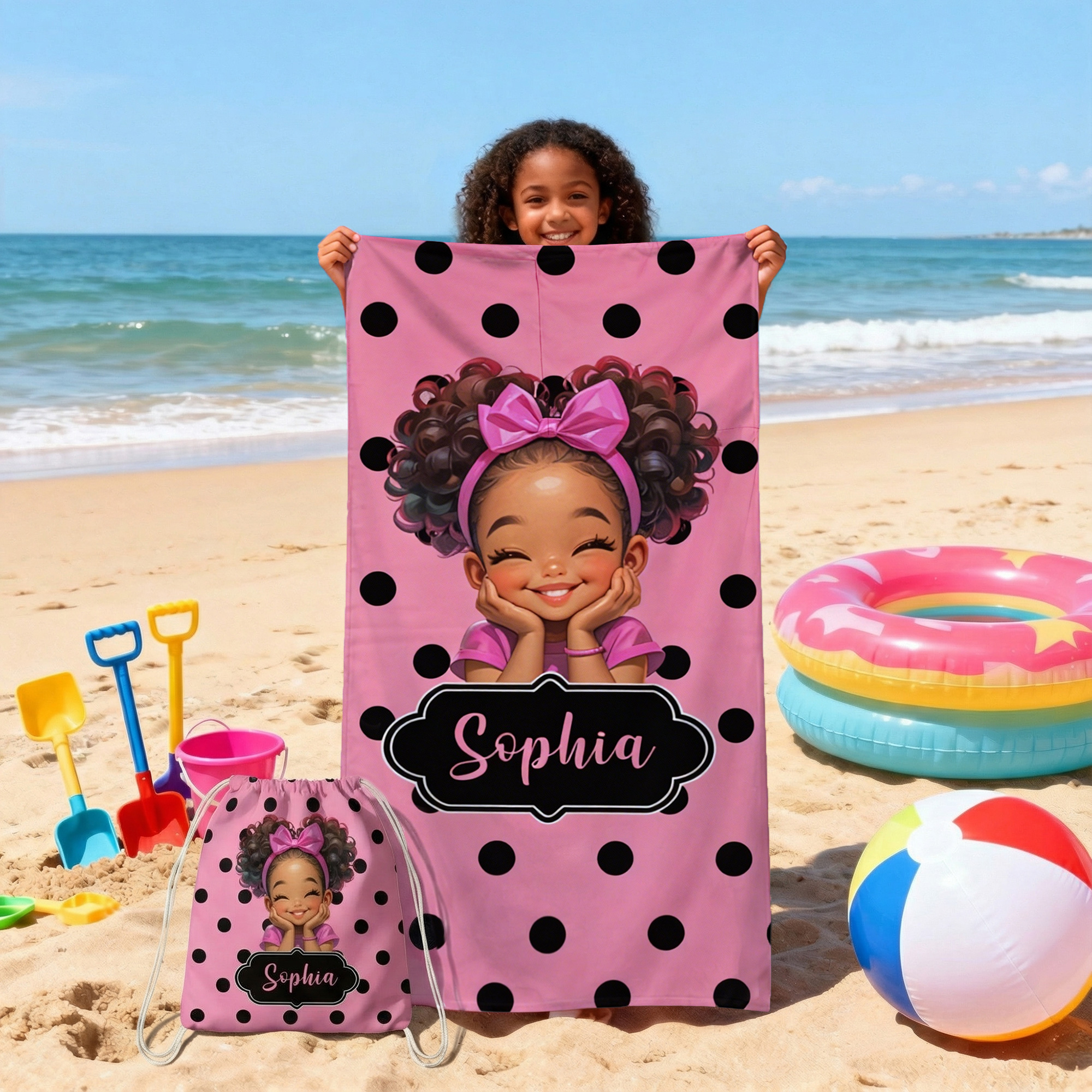 Serviette de plage 2 en 1 pliable à séchage rapide et sac avec nom Cadeau d'anniversaire de voyage pour les filles noires