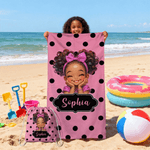 Personalised Polka Dots Cute Cartoon Little Girl 2 in 1 Foldable Quick Dry Beach Towel & Bag with Name Travel Birthday Gift for Black Girls