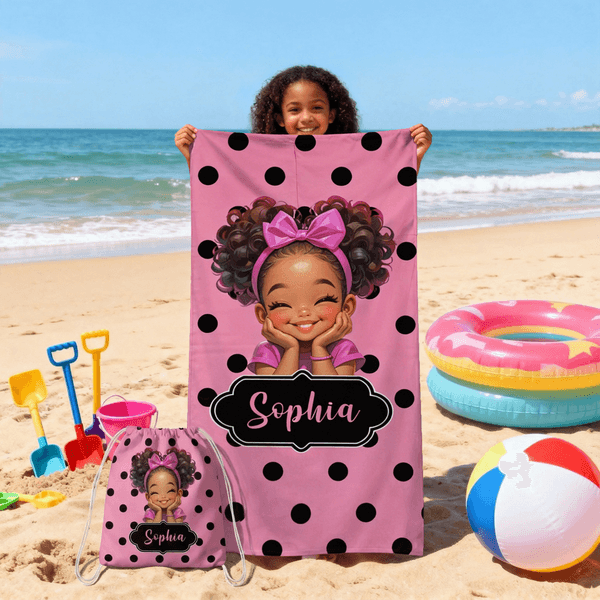 Personalised Polka Dots Cute Cartoon Little Girl 2 in 1 Foldable Quick Dry Beach Towel & Bag with Name Travel Birthday Gift for Black Girls