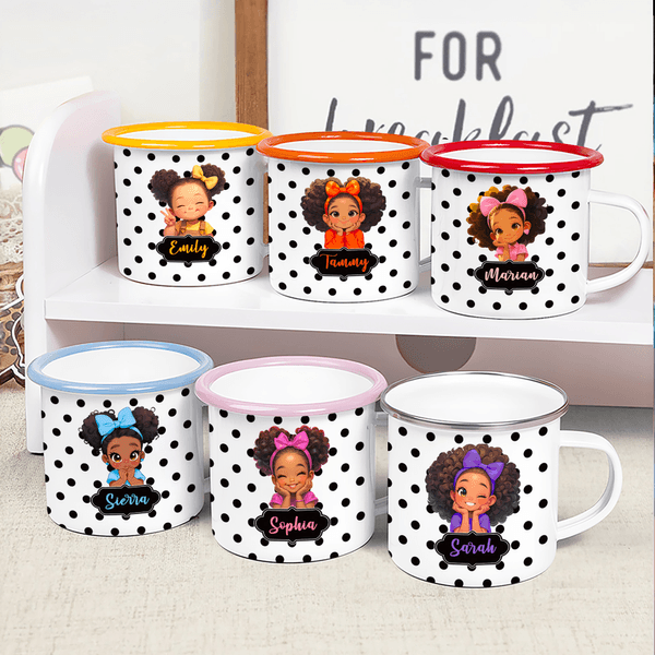 Personalisierte niedlichen Cartoon schwarzes Mädchen 12 oz Emaille Becher mit Namen Geburtstag Geschenk für Mädchen