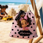Personalised Polka Dots Cute Cartoon Little Girl 2 in 1 Foldable Quick Dry Beach Towel & Bag with Name Travel Birthday Gift for Black Girls