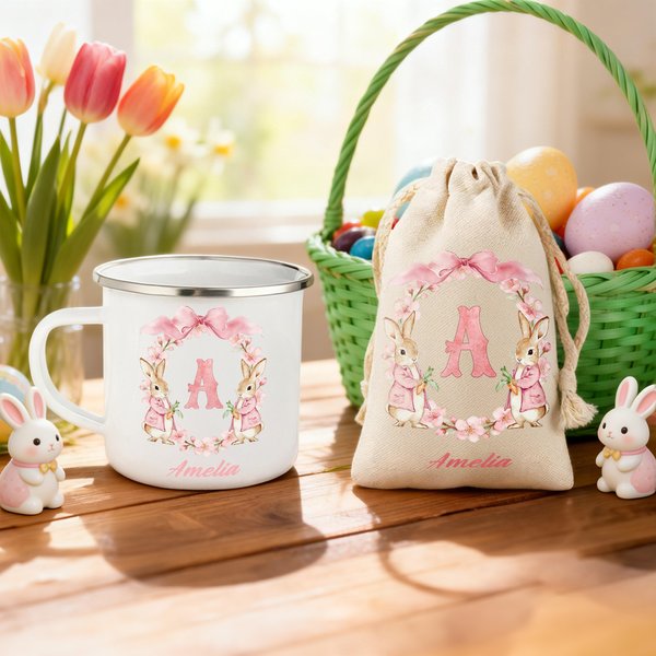 Personalized Wreath Initial Peter Rabbit 12 oz Enamel Mug Storage Bag Set with Name Easter Gift for Kids