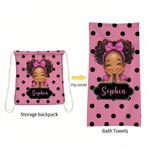Personalised Polka Dots Cute Cartoon Little Girl 2 in 1 Foldable Quick Dry Beach Towel & Bag with Name Travel Birthday Gift for Black Girls
