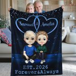 Couverture douce double cœur personnalisée avec personnages de dessin animé noms et année - Cadeau Saint-Valentin anniversaire pour couple