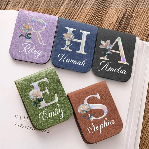Personalised Pearl Effect Birth Flower PU Leather Magnetic Bookmark Clip with Name Daily Use Birthday Gift for Book Lovers