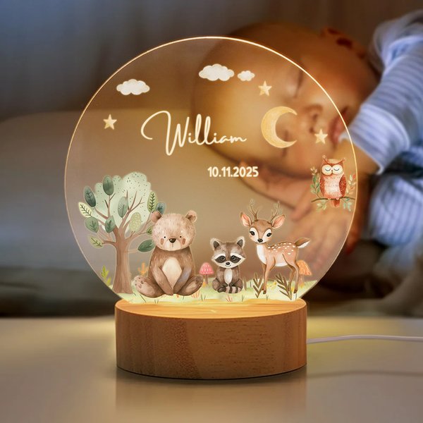 Personoitu eläin tähti ja kuu LED yövalo puualustalla lastenhuoneen sisustukseen vauvakutsuille tai lasten syntymäpäivälahjaksi