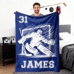 Personalisierte Eishockey Decke im Spieler-Silhouette Design mit Namen und Trikotnummer Wohndeko Winterspiele Geschenk für Teams Hockey-Liebhaber