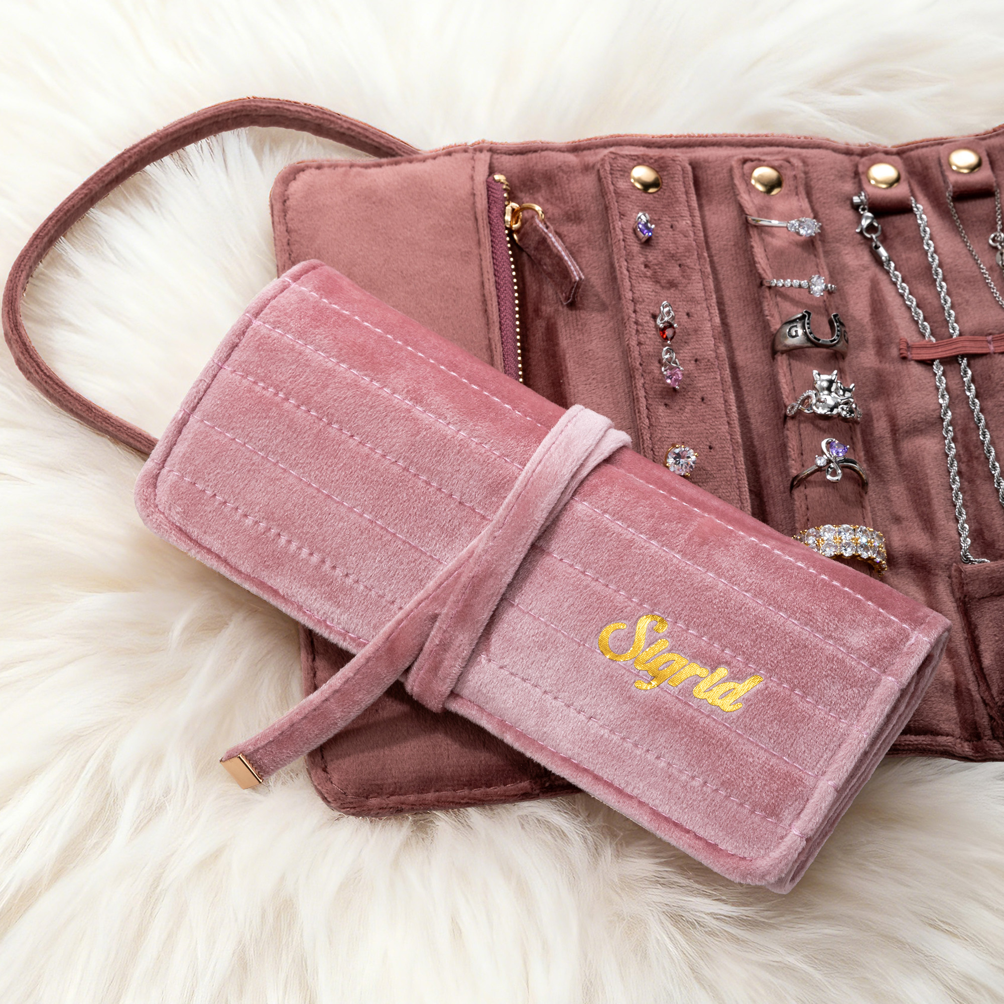 Organisateur de bijoux en velours pliable avec nom Accessoire de voyage Cadeau de mariage et d'anniversaire pour femmes