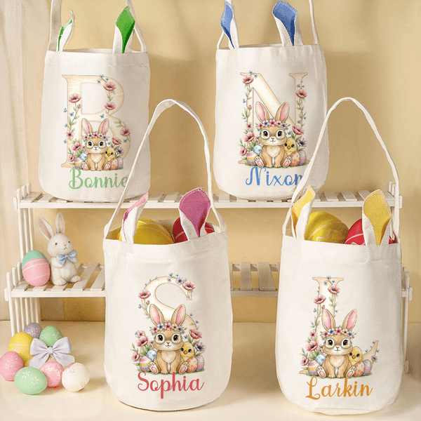 Personalized Flower Cute Bunny Ears Rabbit Easter Basket with Name and Initial Eggs Hunting Party Favor Easter Gift for Kids