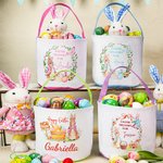Personalized Wreath Cute Peter Rabbit Easter Basket with Name and Polka Dot Lining Eggs Hunting Party Easter Gift for Kids