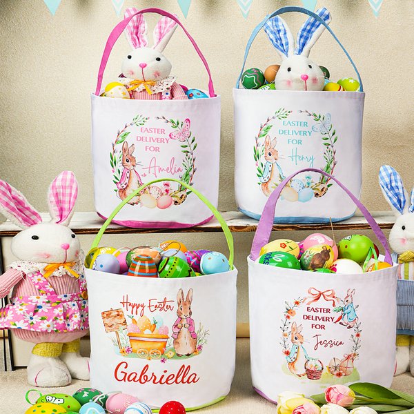 Personalized Wreath Cute Peter Rabbit Easter Basket with Name and Polka Dot Lining Eggs Hunting Party Easter Gift for Kids