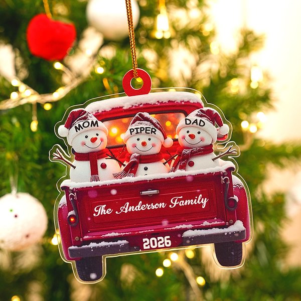 Personalized Cute Snowman in Red Truck Family Christmas Ornament with 3-6 Names and Year Christmas Tree Decor Party Gift for Family Friends