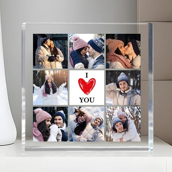 Gepersonaliseerde Hart I LOVE YOU 8-foto Collage Vierkant Acrylbord Bureau Decoratie Valentijnsdag Jubileum Cadeau voor Koppels