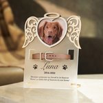 Gepersonaliseerd hart engel vleugels kat hond foto Frosted acryl plaquette met halsband frame en tekst Memorial Pet Loss Gift voor Pet Lover