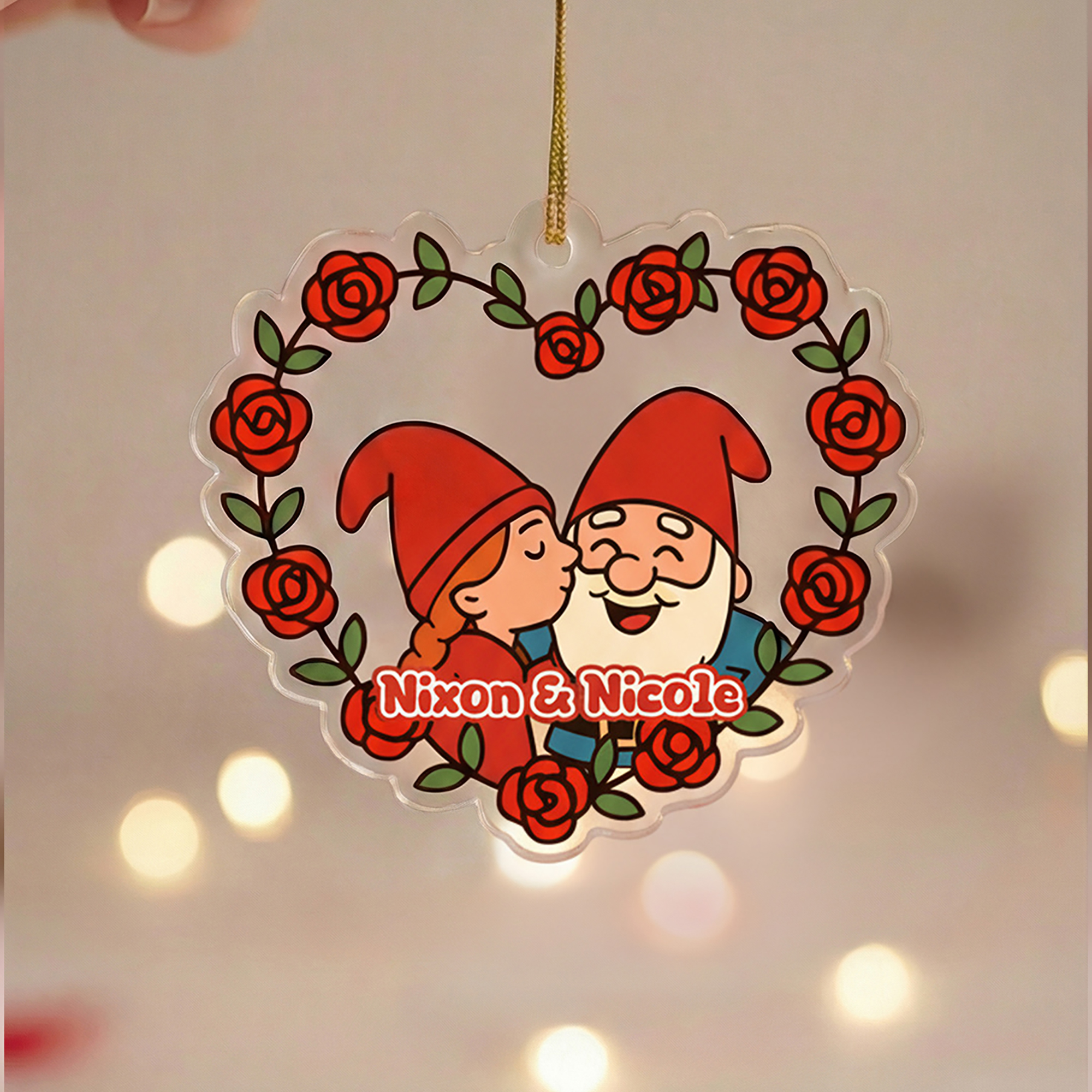 Ornement personnalisé en acrylique avec noms Couple nain Rose Love Cadeau d'anniversaire de St-Valentin pour couple