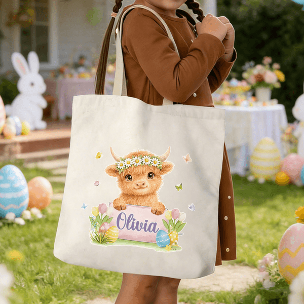 Conejito personalizado Wreath Highland Vaca Pascua Animal Mariposa Bolsa de lona con nombre Uso diario Día de Pascua Regalo para Niños Niñas
