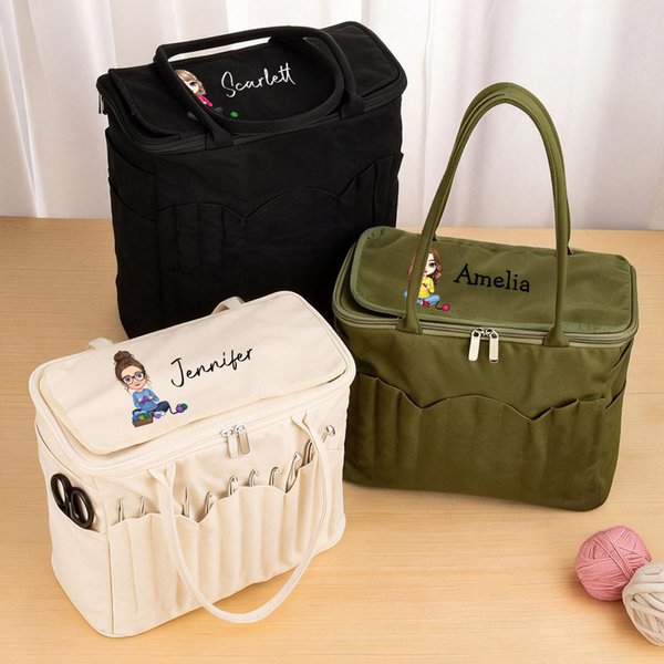 Personalizzato personaggio dei cartoni animati Grande borsa di tela per la conservazione dei filati con tasche per aghi e maniglia Regalo di compleanno all'uncinetto per gli amanti dell'artigianato