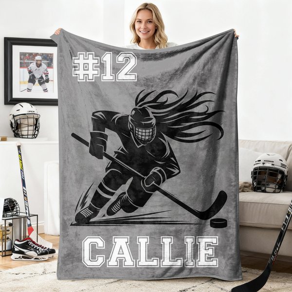 Personalizzato Giocatore di Hockey Silhouette Coperta morbida con nome Home Decor Compleanno Regalo per il giorno della partita per gli amanti dei giochi di squadra Hockey