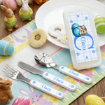 Personalized Easter Egg Animal Safe Stainless Steel Kid's Fork Spoon Knife 3 Pcs Cutlery Set with Name and Case Easter Gift for Kids