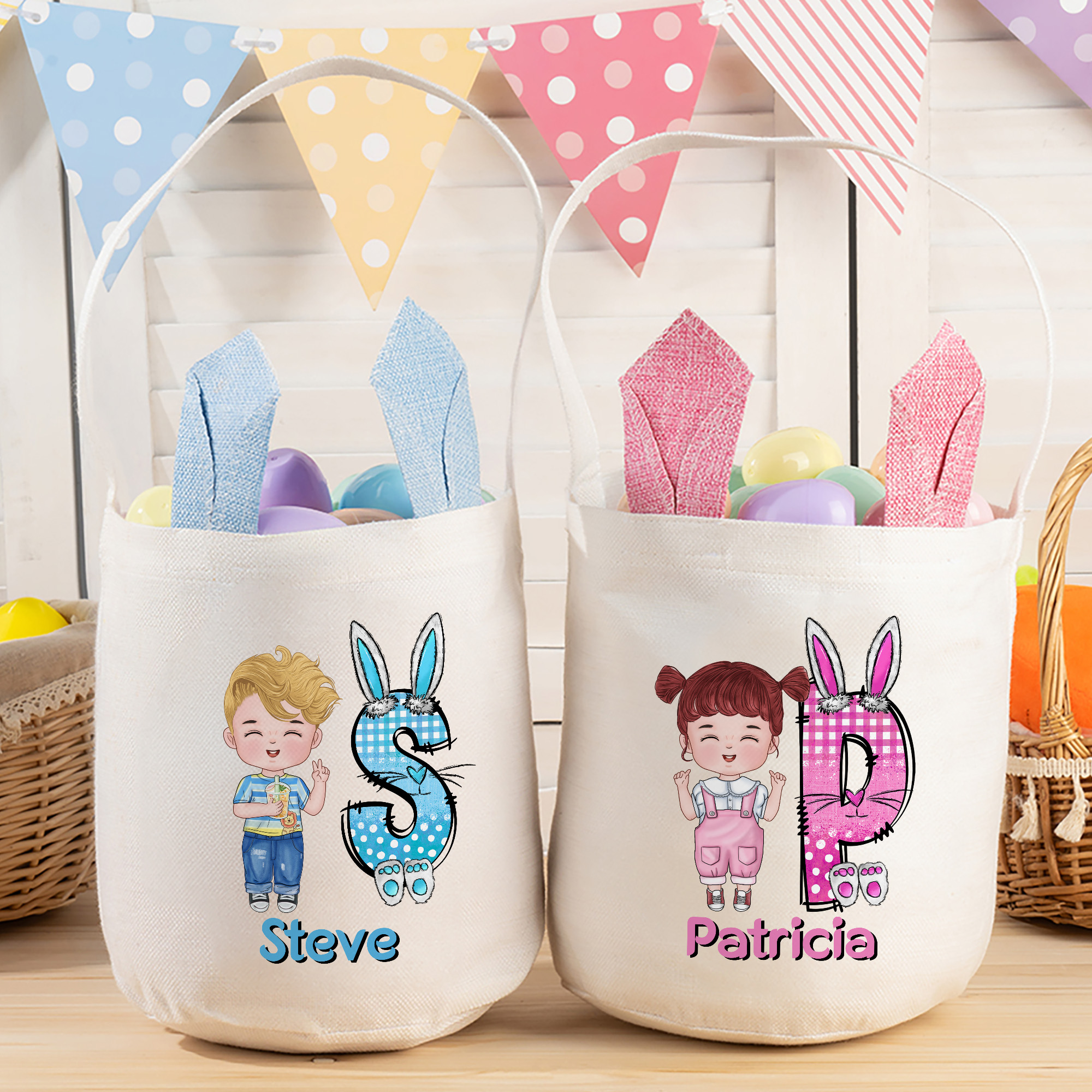 Panier de Pâques personnalisé avec initiales et nom Chasse aux oeufs de Pâques Cadeau d'anniversaire pour garçons filles