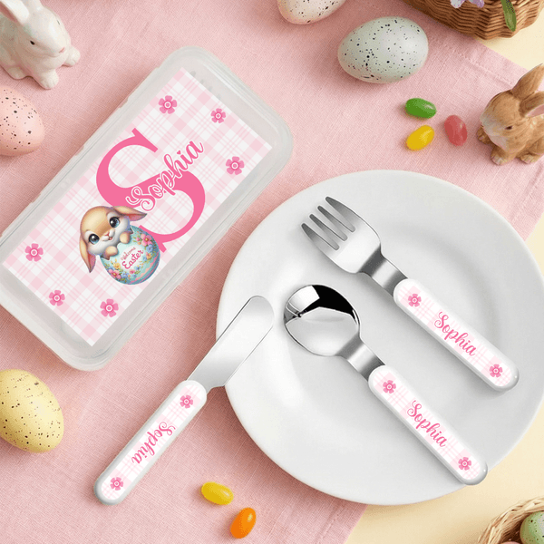Personalized Easter Egg Animal Safe Stainless Steel Kid's Fork Spoon Knife 3 Pcs Cutlery Set with Name and Case Easter Gift for Kids