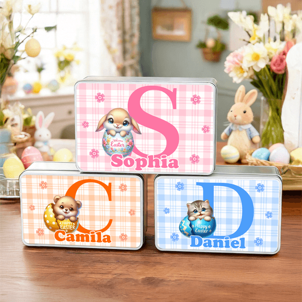 Personalized Cute Animal Multi-Color Grid Biscuit Tin Box with Name Easter Party Gift for Children