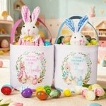 Personalized Wreath Cute Peter Rabbit Easter Basket with Name and Polka Dot Lining Eggs Hunting Party Easter Gift for Kids