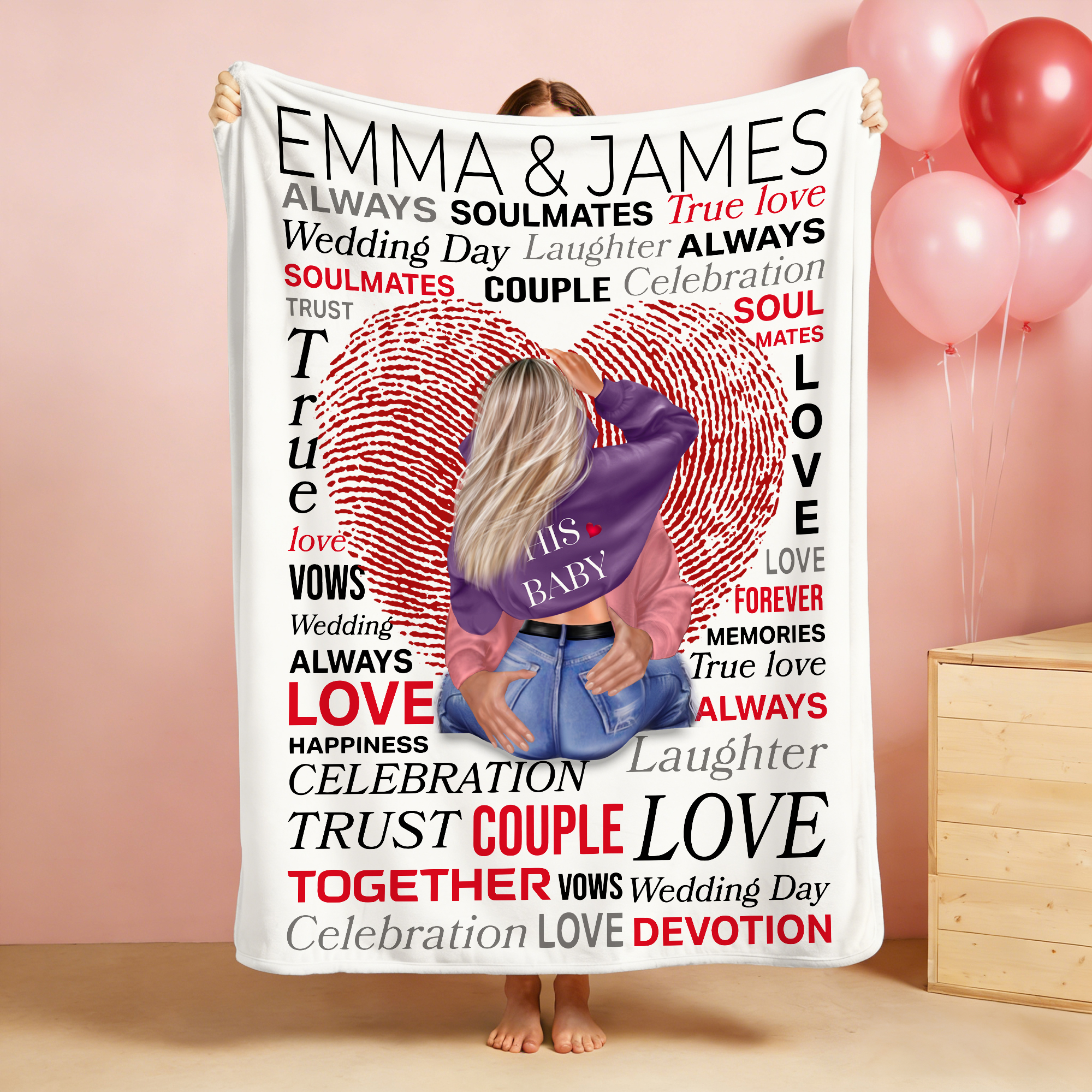 Personnalisé Cartoon Character Heart Fingerprint Vow Word Cloud Soft Throw Blanket with Couple Name Home Decor Valentine's Day Gift for Couple