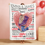 Personalised Cartoon Character Heart Fingerprint Vow Word Cloud Soft Throw Blanket with Couple Name Home Decor Valentine's Day Gift for Couple
