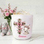 Personalised Cute Cross Praying Bunny Large Capacity Canvas Easter Basket with Name Easter Party Gift for Boys Girls