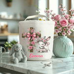 Personalised Cute Cross Praying Bunny Large Capacity Canvas Easter Basket with Name Easter Party Gift for Boys Girls