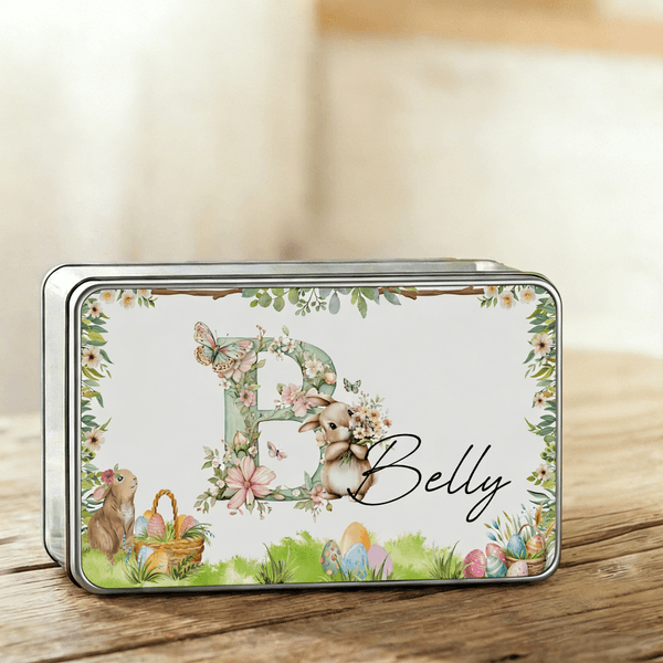 Personalized Butterfly Flower Cute Bunny Easter Biscuit Tin Box with Name and Initial Easter Party Gift for Children